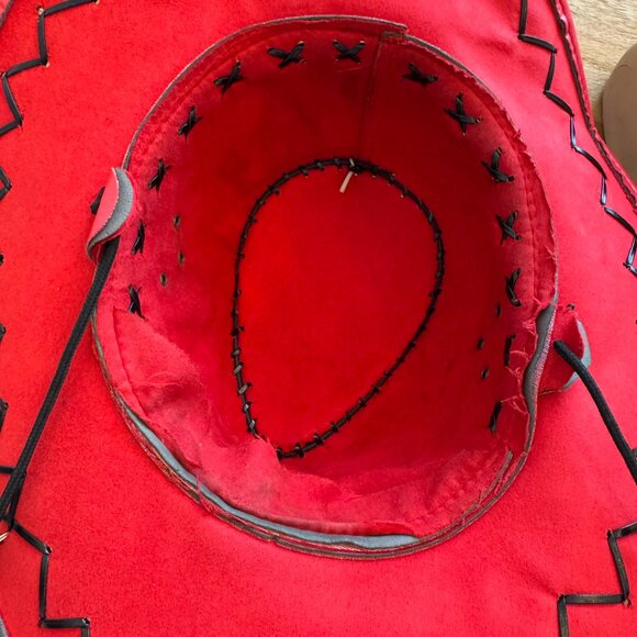 Red Faux Leather Cowboy Hat with Embossed Bull Logo & Black Stitching - Picture 6 of 8